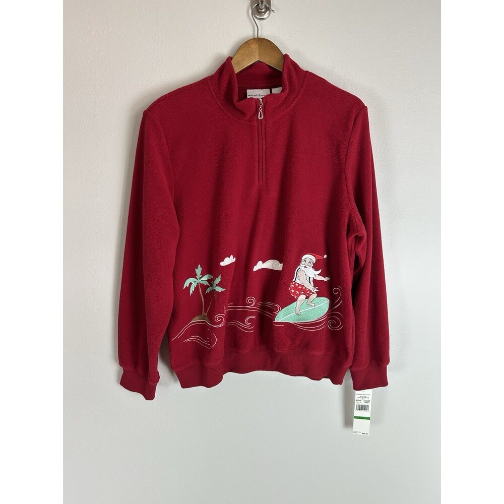 Alfred Dunner Christmas Santa Surfing Beach Sweater Red Large Embroidered Beach
